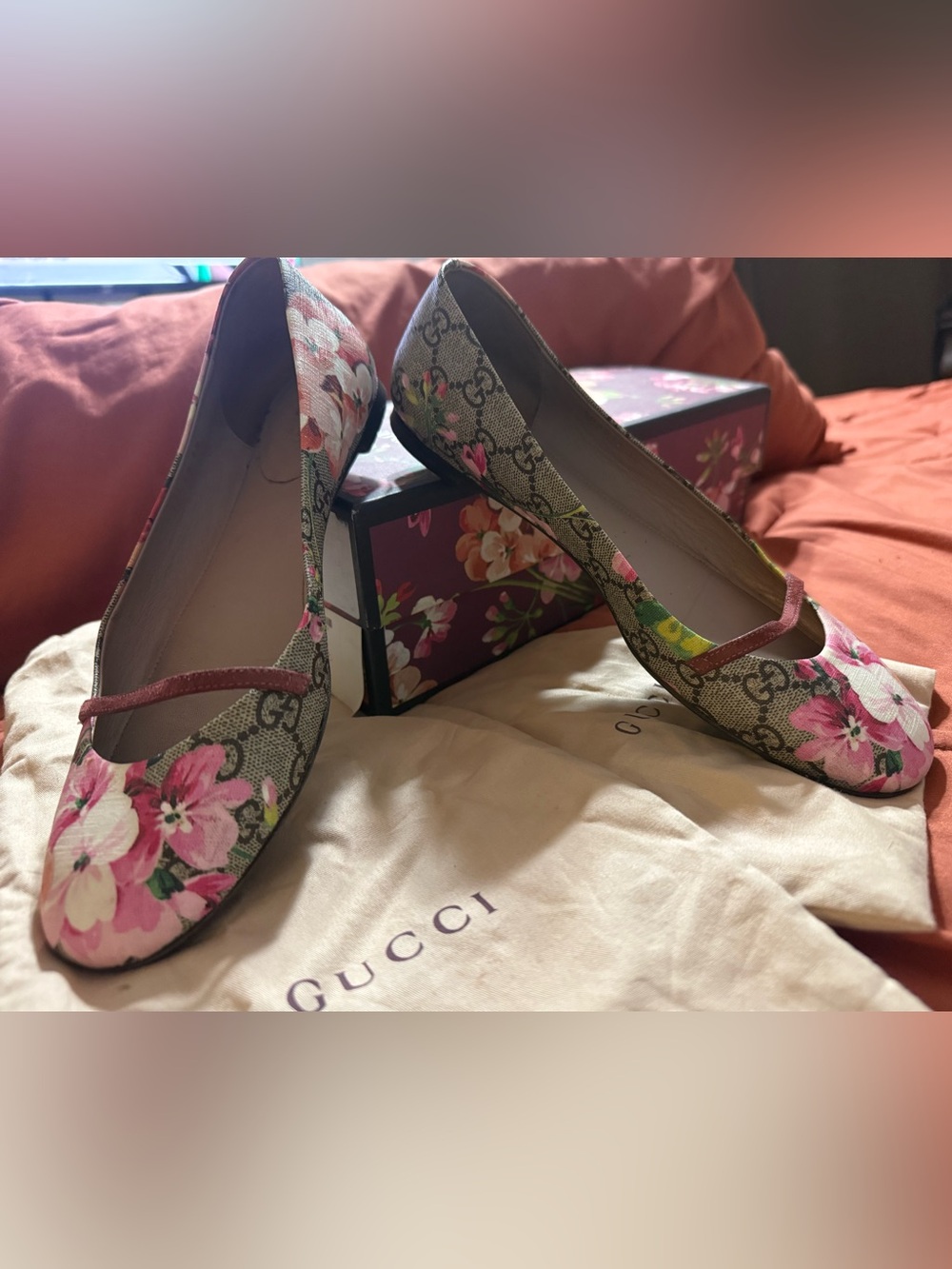 Gucci Floral GG Canvas Ballet Heels in Pink and Beige